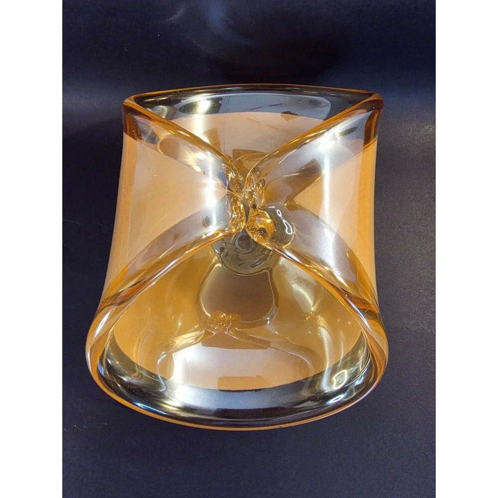 Vintage Amber Art Glass Bowl Folded Rim Heavy Glass Centerpiece MCM Style